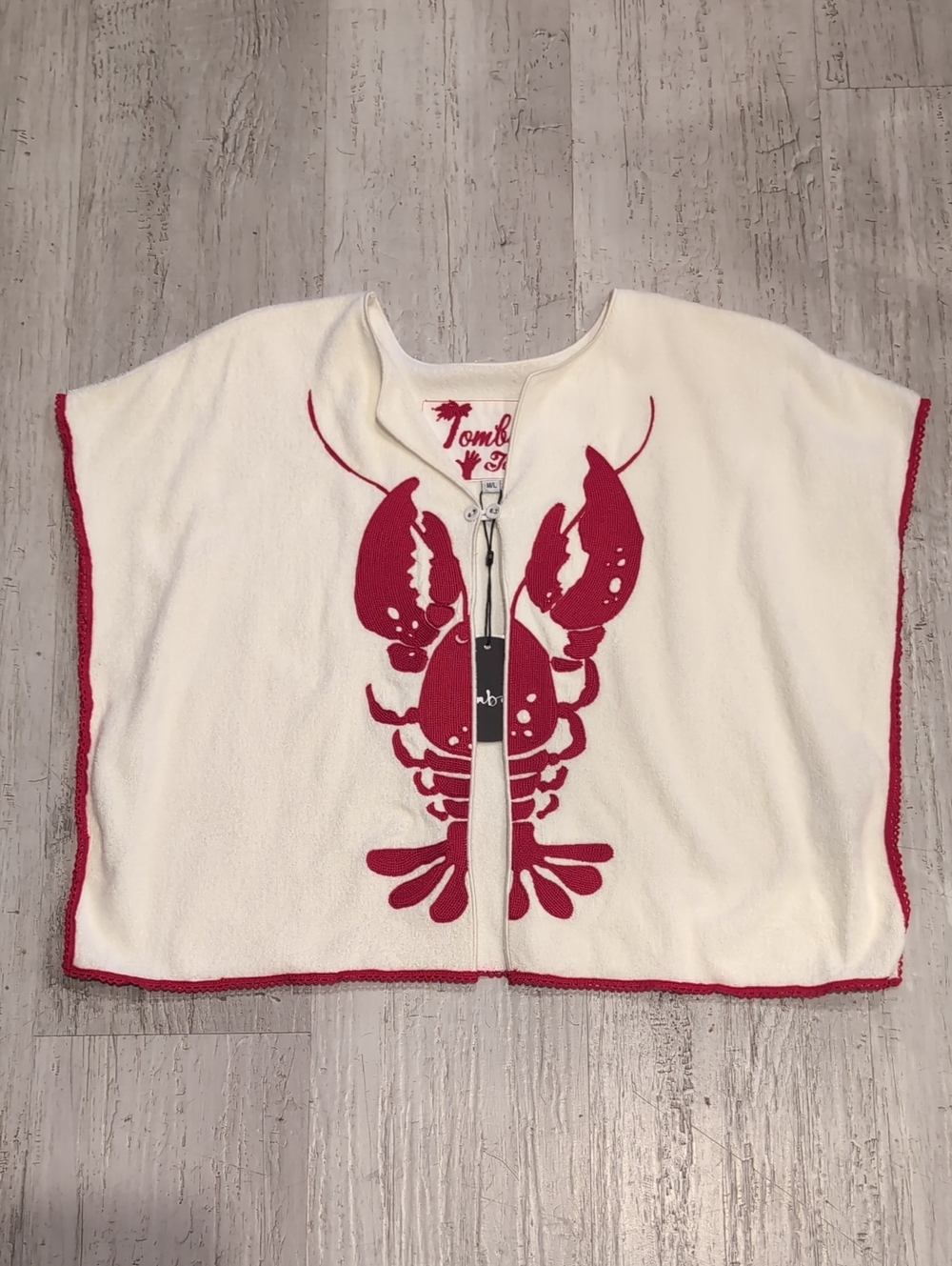 Tombolo White Terry Poncho With Embroidered Lobster and Red Trim Scallop Detail